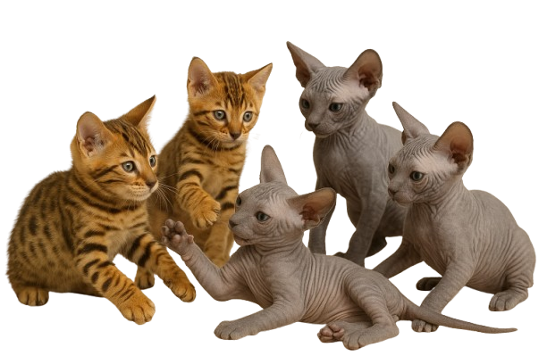 gatitos jugando gatitos bengalí jugando con gatitos sphynx